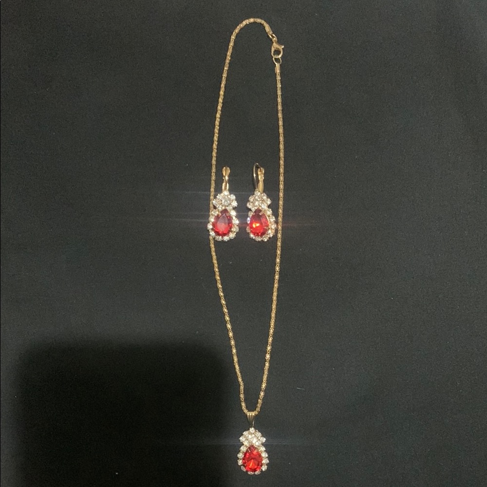 Gold Necklace and Earring Set with Red Gemstones